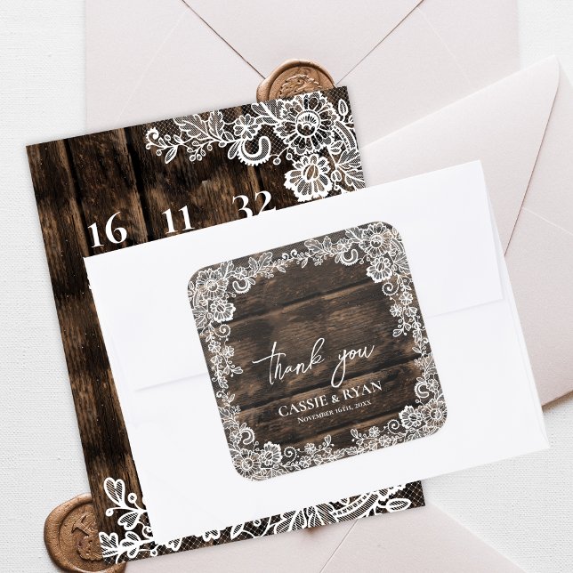 Rustic Wood Lace Floral Wedding Thank You Quadratischer Aufkleber (Rustic Wood Lace Floral Wedding Thank You Square Sticker)