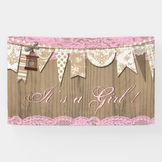 Rustic Wood Lace Girl Babydusche Banner (Horizontal)
