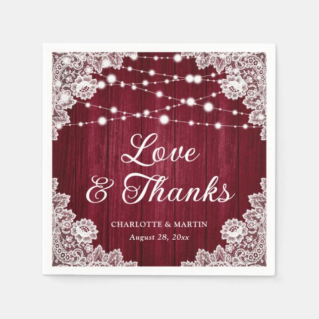 Rustic Wood Lace Liebe und Dank an Burgundy Weddin Serviette (Vorderseite)