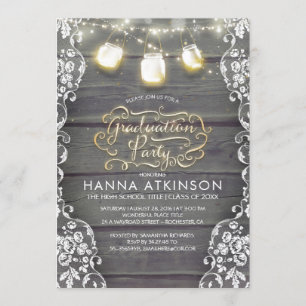 Rustic Wood Lace Mason Jar Lights Graduation Party Einladung