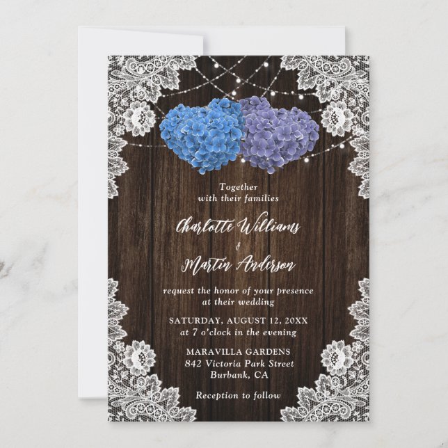 Rustic Wood Lace Purple and Blue Floral Wedding Einladung (Vorderseite)