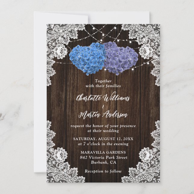 Rustic Wood Lace Purple and Blue Floral Wedding Einladung (Vorderseite)