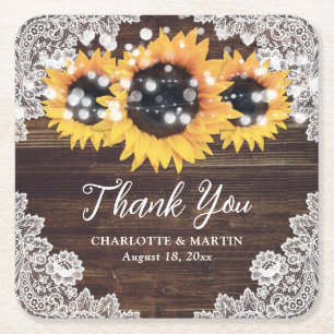 Rustic Wood Lace Sunflower Wedding Vielen Dank Rechteckiger Pappuntersetzer