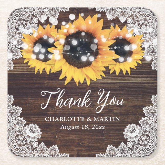 Rustic Wood Lace Sunflower Wedding Vielen Dank Rechteckiger Pappuntersetzer