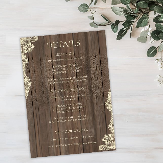 Rustic Wood Lace Wedding Details Enclosure Card RSVP Karte (Rustic Wood Lace Wedding Details Enclosure Card)