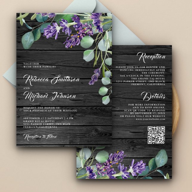 Rustic Wood Lavender Eucalyptus QR Code Wedding Einladung (Von Creator hochgeladen)