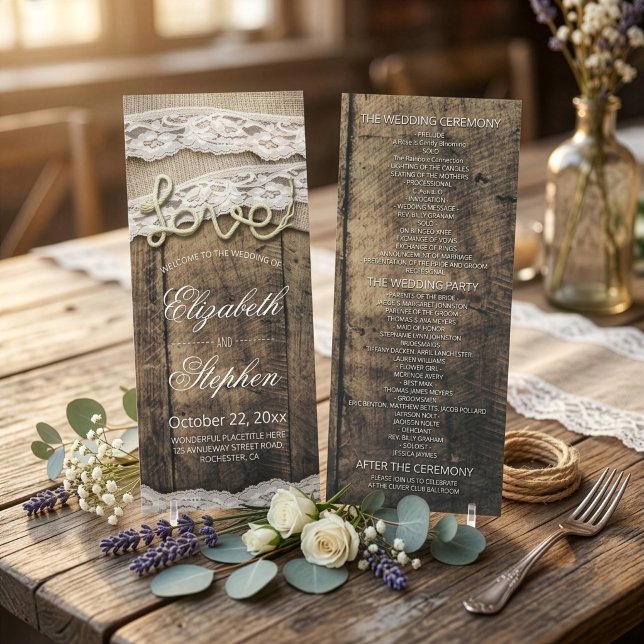 Rustic Wood Liebe Rope Burlap Lace Wedding Program Programm (Von Creator hochgeladen)