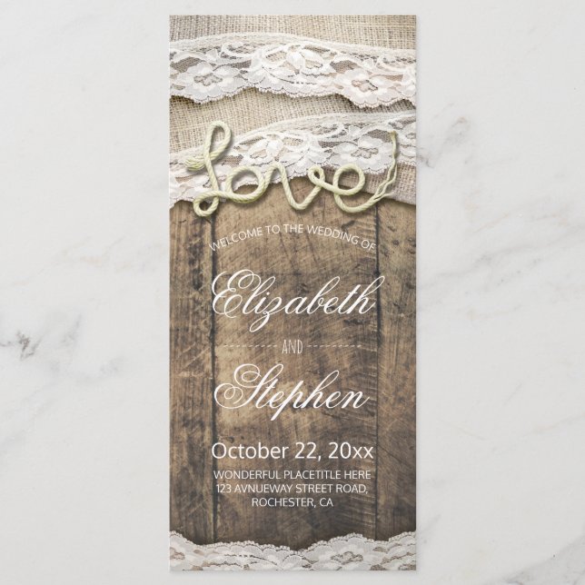 Rustic Wood Liebe Rope Burlap Lace Wedding Program Programm (Vorderseite)