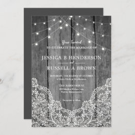 Rustic Wood Light Lace B&W Wedding Einladung