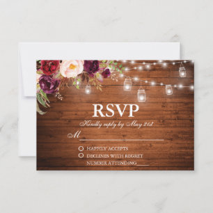 Rustic Wood Lights Jars Floral Wedding RSVP Karte