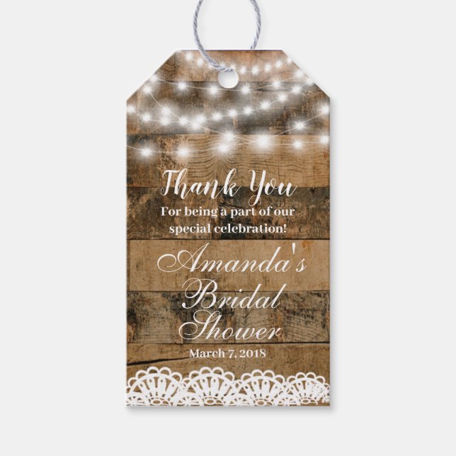 Rustic Wood Lights Lace Brautparty Vielen Dank Geschenkanhänger (Vorderseite)