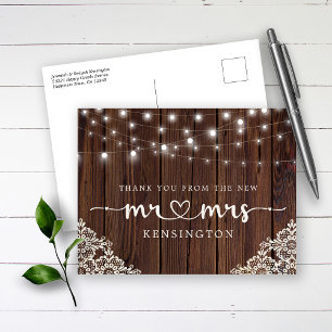 Rustic Wood Lights Lace New Mr. Mrs. Postkarte