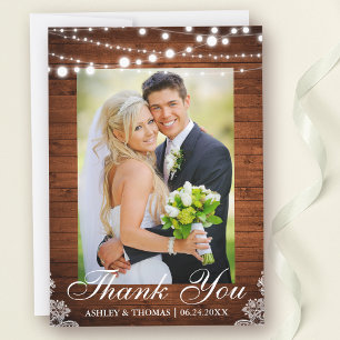 Rustic Wood Lights Lace Wedding Foto Vielen Dank Dankeskarte