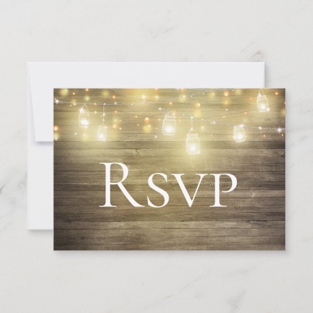 Rustic Wood & Lights Mason Jar RSVP Card Save The Date (Vorderseite)