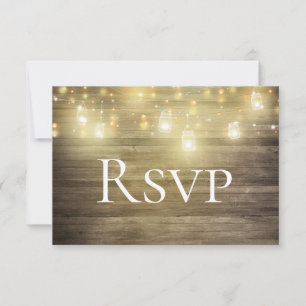 Rustic Wood & Lights Mason Jar RSVP Card Save The Date