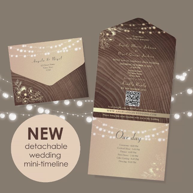 Rustic Wood Lights Timeline Wedding All In One Einladung (Von Creator hochgeladen)