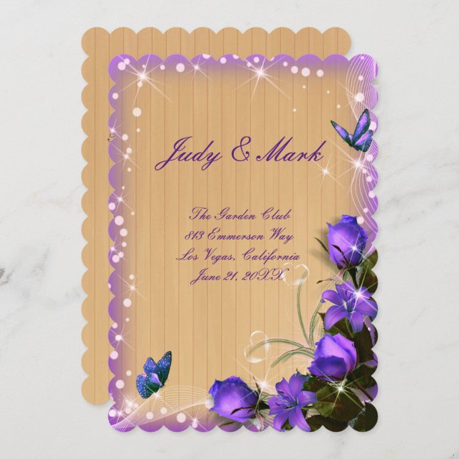 Rustic Wood Lila Floral Wedding Card Einladung (Vorne/Hinten)