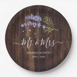 Rustic Wood Lila Lavender Mr. and Mrs. Wedding Pappteller