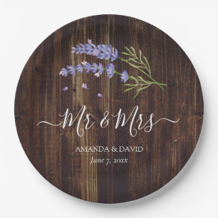 Rustic Wood Lila Lavender Mr. and Mrs. Wedding Pappteller