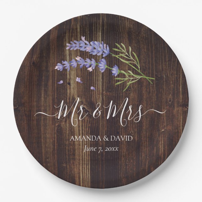 Rustic Wood Lila Lavender Mr. and Mrs. Wedding Pappteller (Vorderseite)