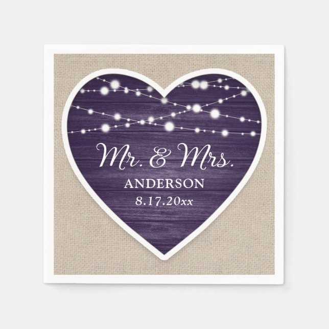 Rustic Wood Lila Mr. und Mrs. Wedding Serviette (Vorderseite)