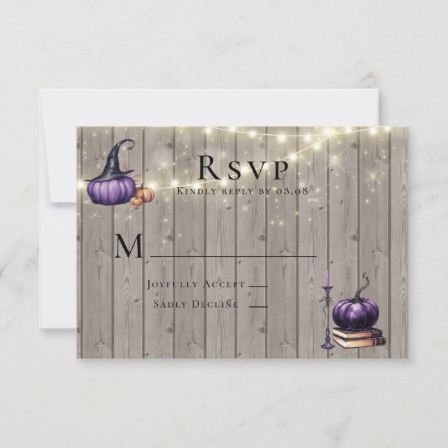 Rustic Wood Lila Pumpkin Candle Wedding RSVP Karte (Vorderseite)