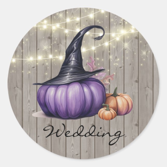 Rustic Wood Lila Pumpkin Wedding Runder Aufkleber (Vorderseite)