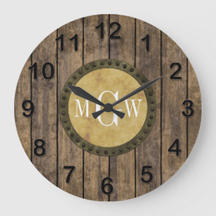 Rustic Wood look Planks #1 Steampunk 3 Monogramm Große Wanduhr