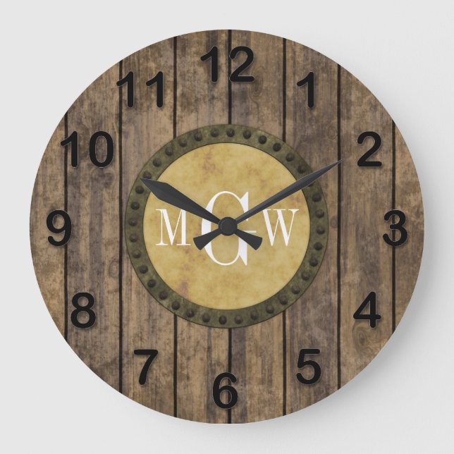 Rustic Wood look Planks #1 Steampunk 3 Monogramm Große Wanduhr (Vorderseite)