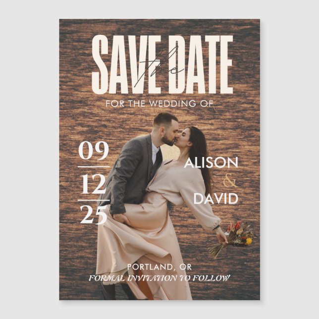 Rustic Wood Magazine Foto Save the Date Hochzeit Magneteinladung (Vorderseite)