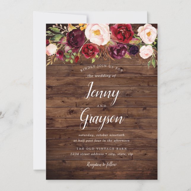 Rustic Wood Marsala Floral Wedding Einladung (Vorderseite)