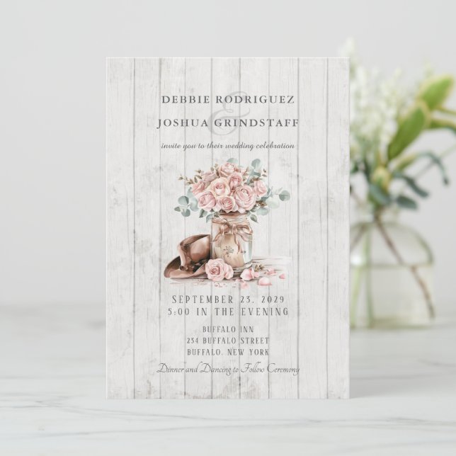 Rustic Wood Mason Jar Floral Wedding Invitation  Einladung (Stehend Vorderseite)