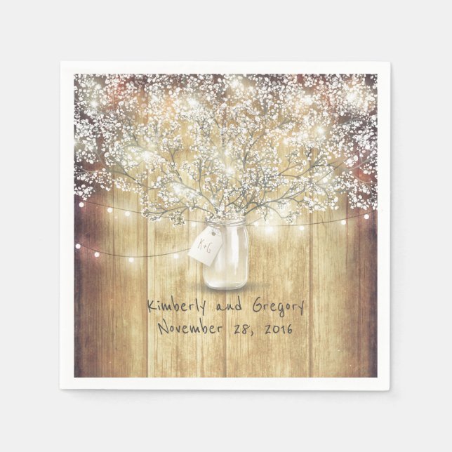 Rustic Wood Mason Jar Gipskraut Barn Wedding Serviette (Vorderseite)