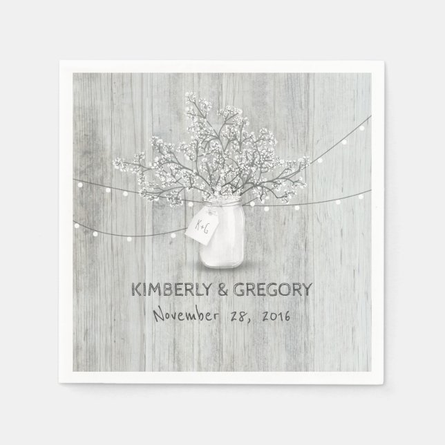 Rustic Wood Mason Jar Gipskraut Barn Wedding Serviette (Vorderseite)