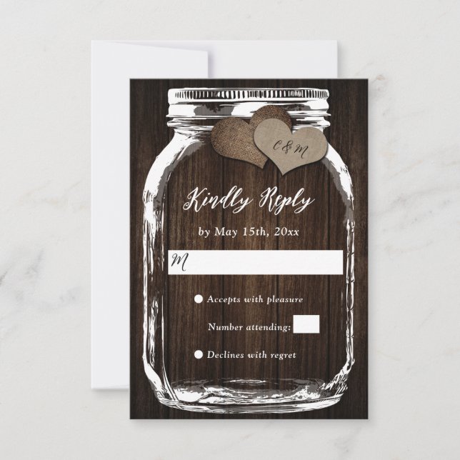 Rustic Wood Mason Jar Hearts Initials Wedding RSVP (Vorderseite)