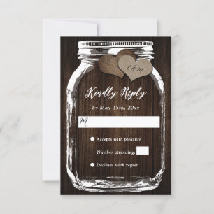 Rustic Wood Mason Jar Hearts Initials Wedding RSVP Karte