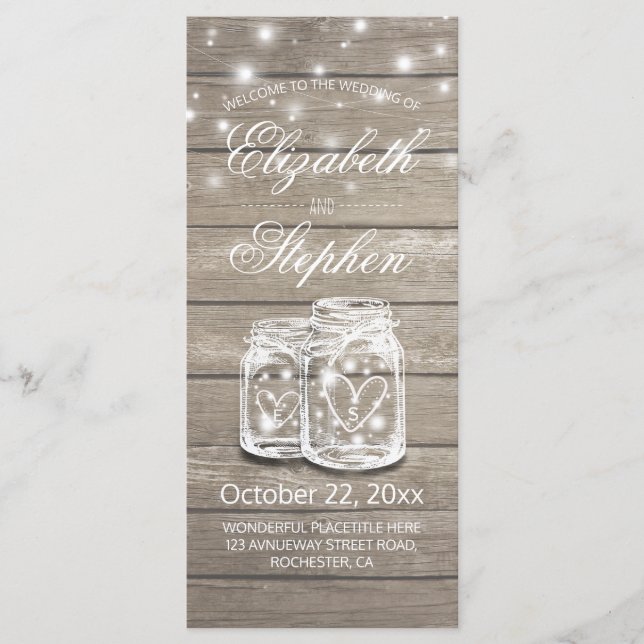 Rustic Wood Mason Jar String Light Wedding Program Programm (Vorderseite)