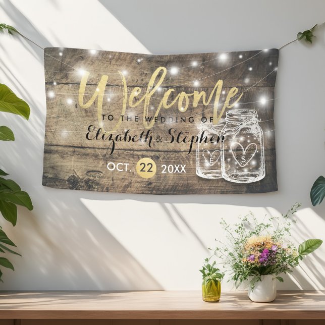 Rustic Wood Mason Jar String Light Wedding Willkom Banner (Von Creator hochgeladen)
