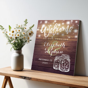 Rustic Wood Mason Jar String Light Wedding Willkom Poster