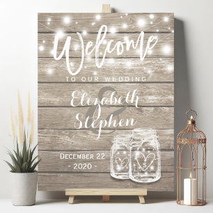 Rustic Wood Mason Jar String Light Wedding Willkom Poster