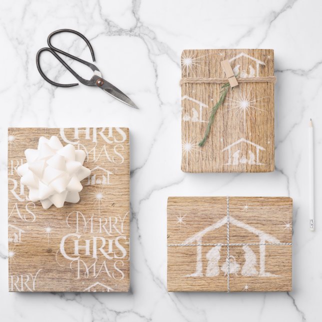 Rustic Wood Merry CHRISTmas Krippe Christlich Whi Geschenkpapier Set (Vorderseite)