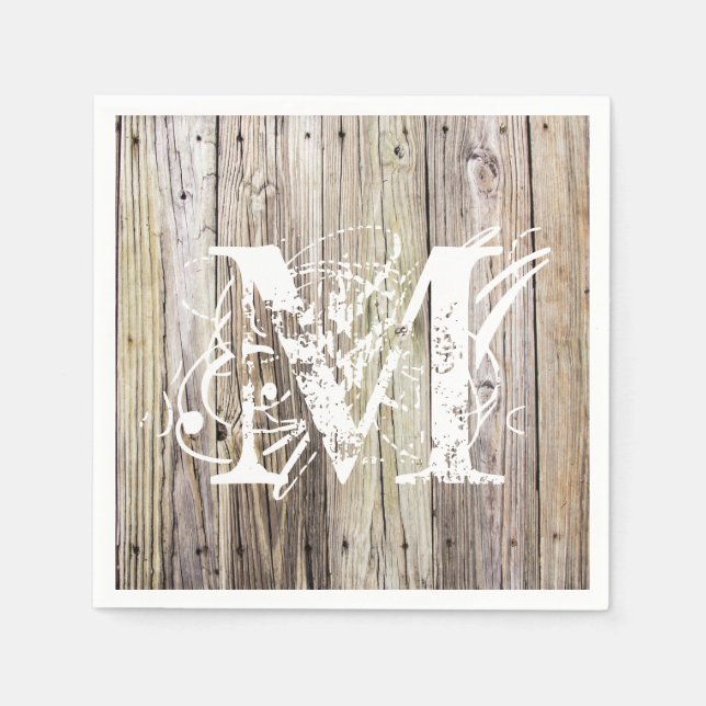 Rustic Wood Mit Monogramm Cocktail Napkins Serviette (Vorderseite)