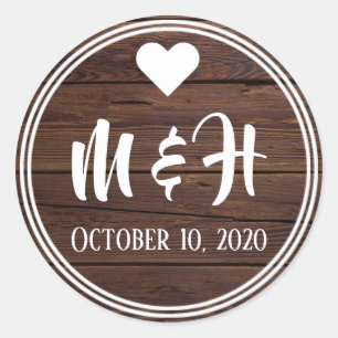 Rustic Wood Monogram Date Umschlag Aufkleber