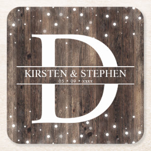 Rustic Wood Monogram Erste Hochzeit Untersetzer