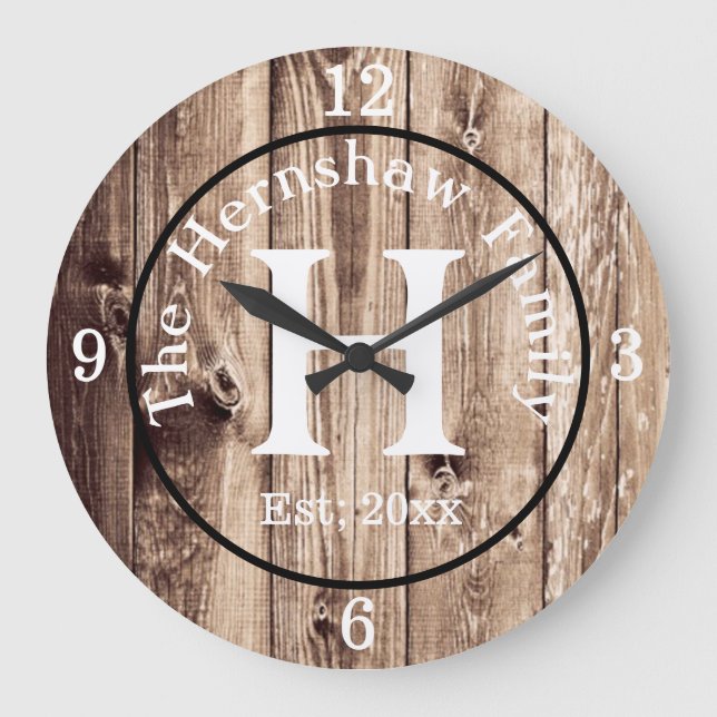 Rustic Wood Monogram Family Große Wanduhr (Vorderseite)