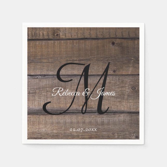 Rustic Wood Monogram Name Script Wedding Party Serviette (Vorderseite)