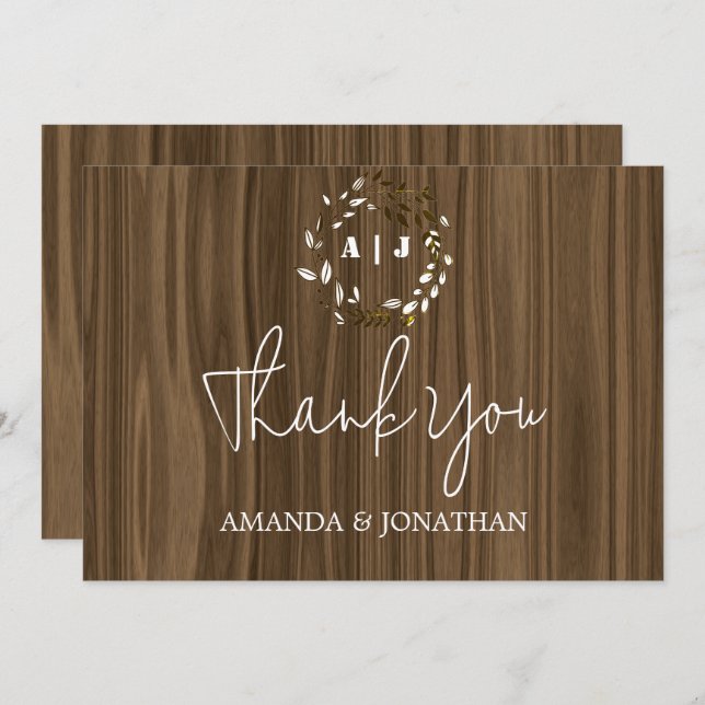 Rustic Wood Monogram Wedding Dankeschön Card Dankeskarte (Vorne/Hinten)
