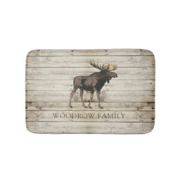 Rustic Wood Moose Family Name Shower Curtain Badematte