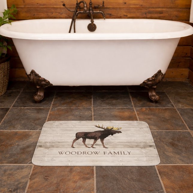Rustic Wood Moose Family Name Shower Curtain Badematte (Von Creator hochgeladen)
