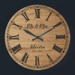 Rustic Wood Mr Mrs Custom Name Farmhouse Wooden Große Wanduhr<br><div class="desc">Rustic large clock for the new Mr. and Mrs. featuring antique illustration,  from vintage book,  with roman numerals,  over brown wood texture,  and custom family name,  in black script. Great for farmhouse decor,  easily customize this wooden like wall clock with your text and colors.</div>